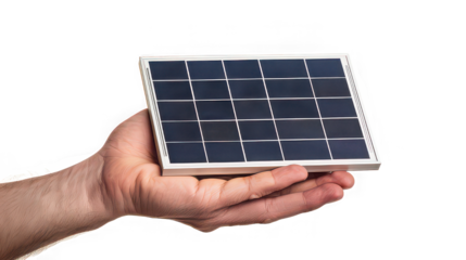A hand holding a small rectangular solar panel with a grid pattern against a black background