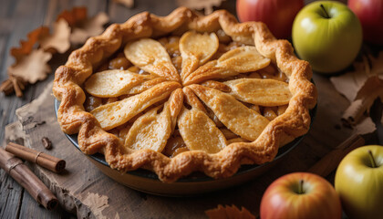 Rustic homemade apple pie with flaky crust, fresh apples and cinnamon sticks beside it, autumn style.