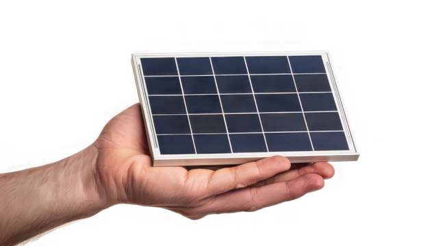 A hand holding a small rectangular solar panel with a grid pattern against a black background