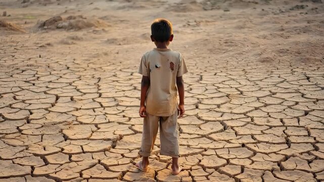 Boy stands on cracked earth, drought intensifies, climate change impact, global warming effect