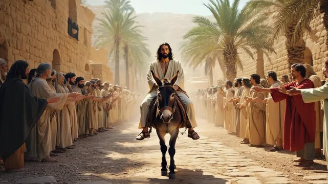 Jesus rides donkey in holy procession as crowds cheer along ancient Middle Eastern street