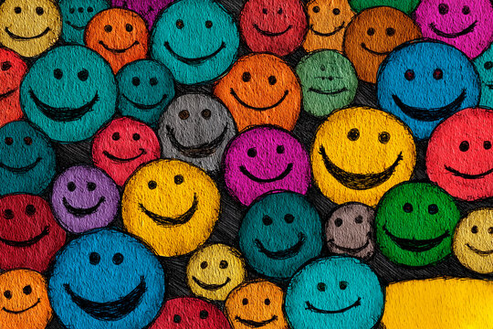Brightly colored smiley faces fill the frame in a joyful and vibrant illustration, celebrating happiness and positivity.