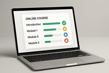 Online Course Progress Dashboard on Laptop with Module Completion Bars and Icons
