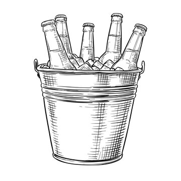 beer bottles in ice bucket vector line art hand drawn illustration