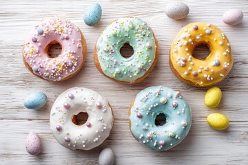 Pastel-colored donuts with sprinkles and pastel-colored eggs on a white wooden surface