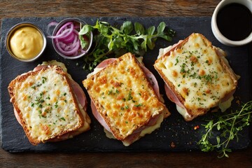 Three croque monsieur sandwiches, arranged on a slate board, with condiments and herbs