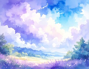 Fototapeta premium Lavender fields in the Provence mountains at sunset, with rolling hills and a cloudy sky