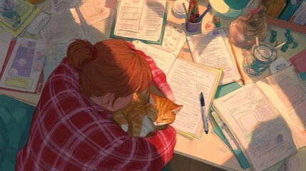 A woman and cat resting amidst paperwork.