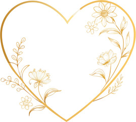 Minimal elegant gold heart outline vector with delicate floral ornaments, transparent background, perfect for wedding invitations, romantic branding, and Valentine&rsquo;s designs