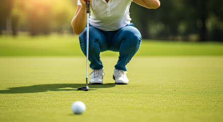 Woman Golfer Lining Up Shot on Golf Green with Serious Focus