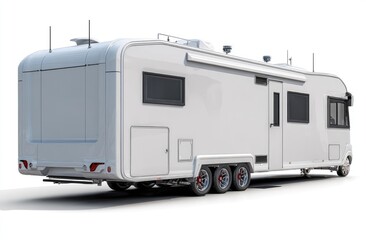 Rear view of a modern, light gray/white motorhome