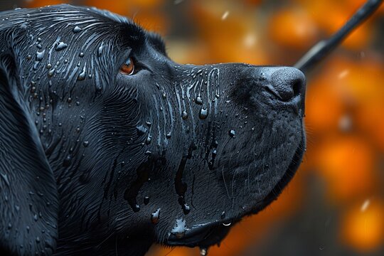 Close Up Portrait of Wet Black Labrador Dog with Detailed Fur and Orange Autumn Background