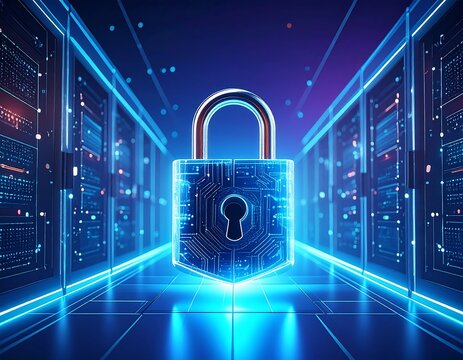 A glowing padlock sits in a server room hallway, signifying data protection