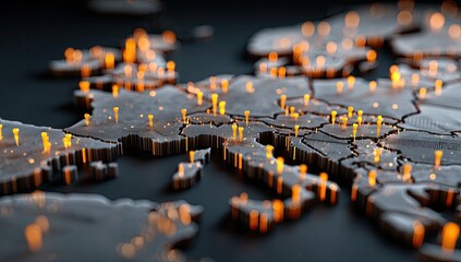 3D rendered dark grey world map, textured, with glowing orange pinpoints concentrated in Europe, suggesting data points or locations