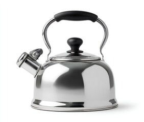 Shiny stainless steel kettle with black handle and spout