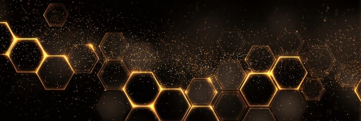 Golden hexagons with glowing edges on dark background, technology and science theme