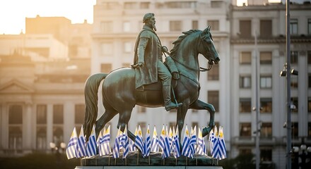 Equestrian Statue of Jos Gervasio Artigas in Montevideo, Uruguay, with National Flags