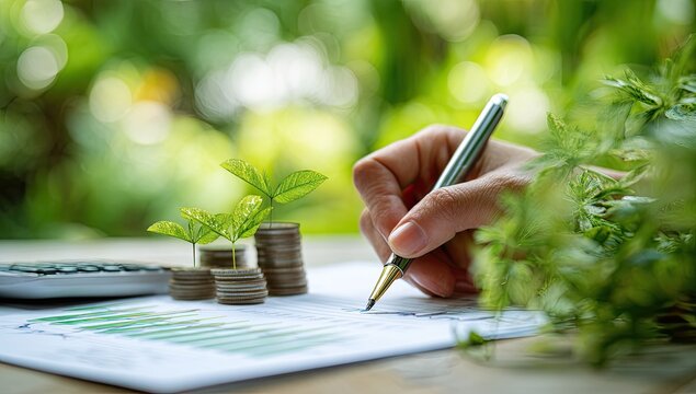 Hand writing on financial document, coins with sprouts, calculator, lush green background suggesting sustainable finance or growth investment
