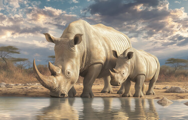 Fototapeta premium Photograph of a rhinoceros and its calf at the watering hole in Kruger,