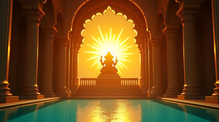 Silhouette of Lord Ganesha seated on steps within an arched gateway against a radiant sunburst over a pool