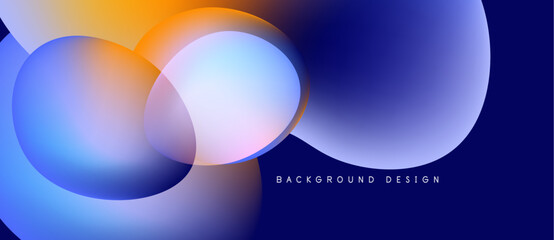 Abstract fluid shapes overlap, creating vibrant color gradients. Blue, orange, purple hues blend seamlessly. Modern design element.