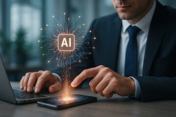 AI Technology Integration: A businessman's focused interaction with cutting-edge AI technology, illustrating the seamless integration of intelligence, smart devices.