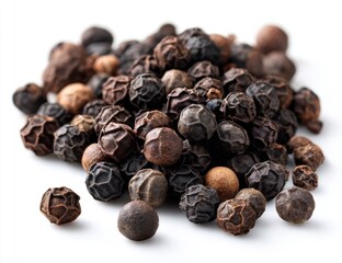 Close-up of peppercorns.  A cluster of various peppercorns, dark brown and light brown,  on a white background.  The peppercorns are round and clustered together