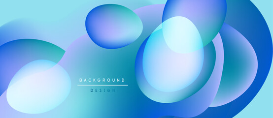 Abstract fluid shapes overlap, creating vibrant blue gradients. Design suggests movement, depth, modern aesthetic. Background features text elements.