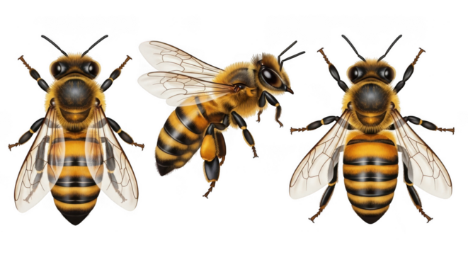Three honey bees shown from different angles, isolated on transparent background, detailed illustration of insect anatomy and features