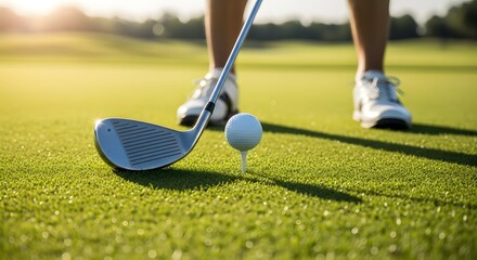 Golfer Prepares for Shot at Sunrise on Lush Green
