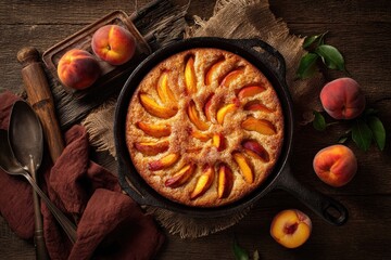Peach bake in cast iron skillet. Fresh peaches arranged in a circular pattern on top of a golden brown, sweet-smelling, homemade cake