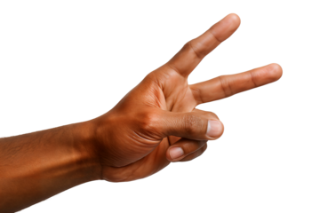 Hand gesture indicating peace sign with a dark skin tone hand.