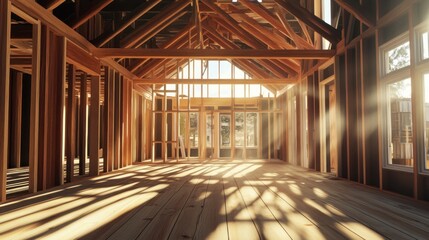 New Home Construction: Sunlight Illuminates Wooden Frame
