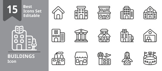 Set of Buildings icons. Icons Contains skyscraper, house, apartment, villa, office, etc . Design elements for you projects. Editable stroke vector illustration