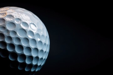 Close-up golf ball, dimpled surface, dark background