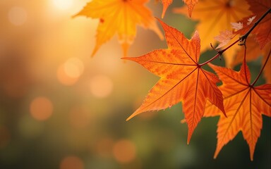 border of orange maple leaves on a branch with bokeh in the background, autumn vibes. High quality