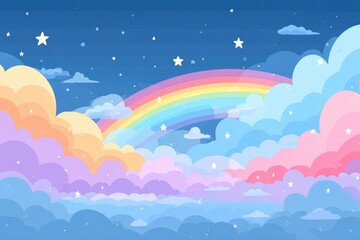 Pastel rainbow sky with fluffy clouds at night