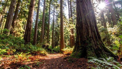 Naklejka premium Forest pathway sunlight trees