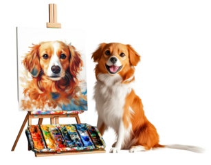 Dog joyfully sits beside canvas displaying its painted portrait, showcasing artistic talent. scene is vibrant with colorful paint palettes and wooden easel, capturing creativity, isolated