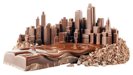 Chocolate bar melts into detailed cityscape, blending sweet textures with urban architecture. scene captures whimsical fusion of confectionery and skyscrapers, evoking sense of wonder., isolated