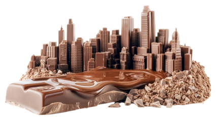 Chocolate bar melts into detailed cityscape, blending sweet textures with urban architecture. scene captures whimsical fusion of confectionery and skyscrapers, evoking sense of wonder., isolated