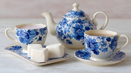 Decorative teacups and teapot with marshmallows on a light wooden table.