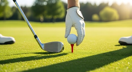Golfer's Hand Placing Ball on Tee with Club and Green Grass in Sunlight