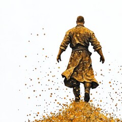 Fototapeta premium Solitary Figure in Gold Robe Walking Away on White Background