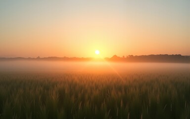 A serene landscape featuring a sunrise over a misty grassland with tall blades of grass swaying gently in the morning breeze. High quality