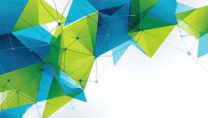 Abstract geometric design with interconnected, translucent, bright polygons in teal, lime green, and dark teal colors on a white background