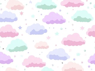Pastel clouds and stars seamless pattern