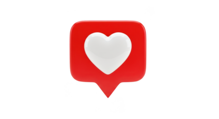 3D Red Speech Bubble with White Heart; Transparent Background, PNG