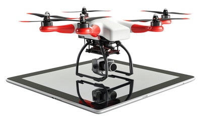 Delivery drone with red and white design hovers above tablet, showcasing modern technology and innovation. drone is equipped with camera, highlighting its multifunctional capabilities., isolated