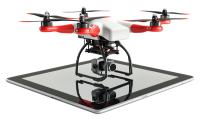 Delivery drone with red and white design hovers above tablet, showcasing modern technology and innovation. drone is equipped with camera, highlighting its multifunctional capabilities., isolated